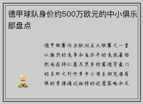 德甲球队身价约500万欧元的中小俱乐部盘点